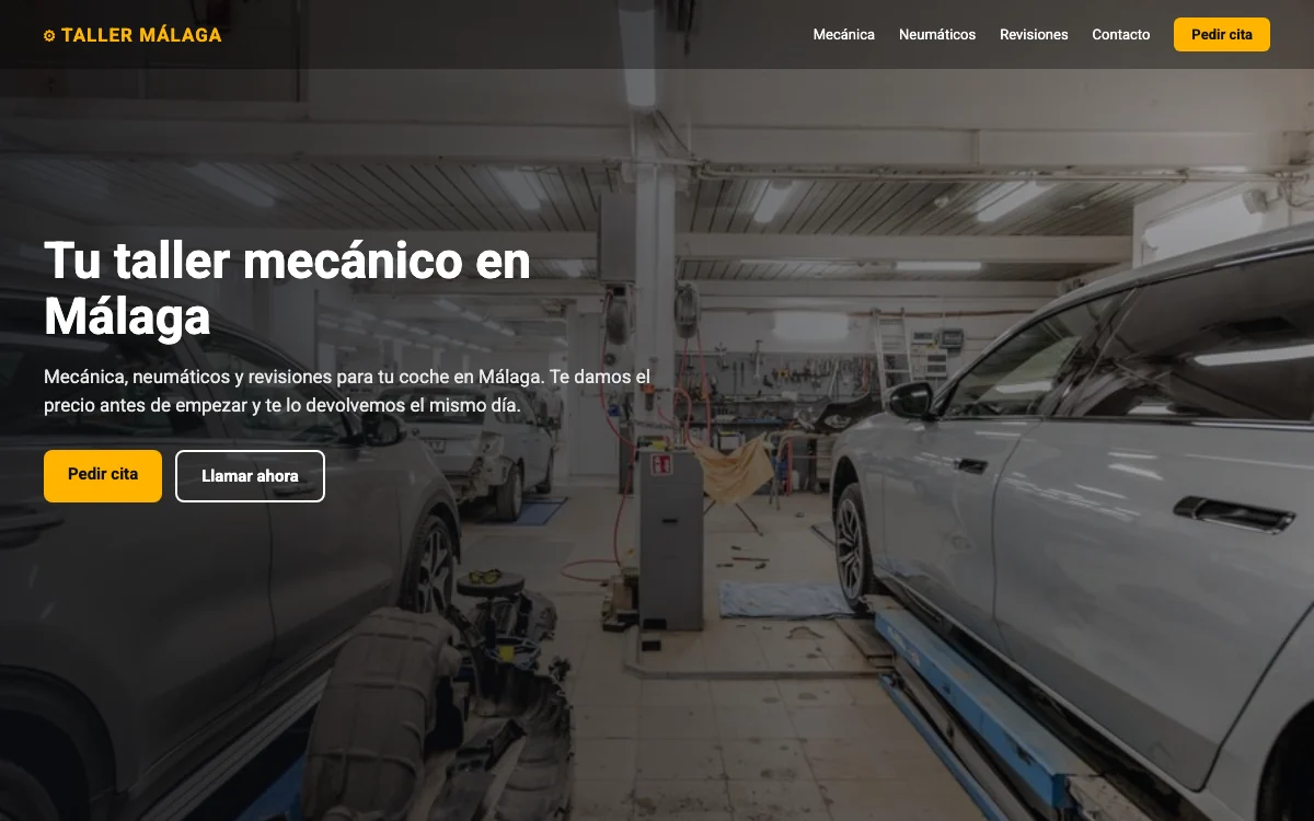 Página de inicio de un taller mecánico de Málaga, revisada en la auditoría SEO