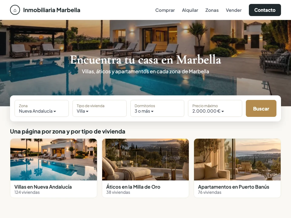 Web de una inmobiliaria de Marbella con su buscador de viviendas por zona y tipo