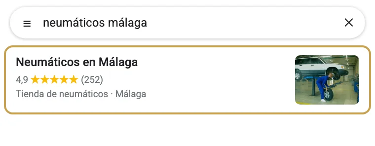 Búsqueda de neumáticos hecha en Málaga en Google Maps, con Neumáticos en Málaga entre los resultados