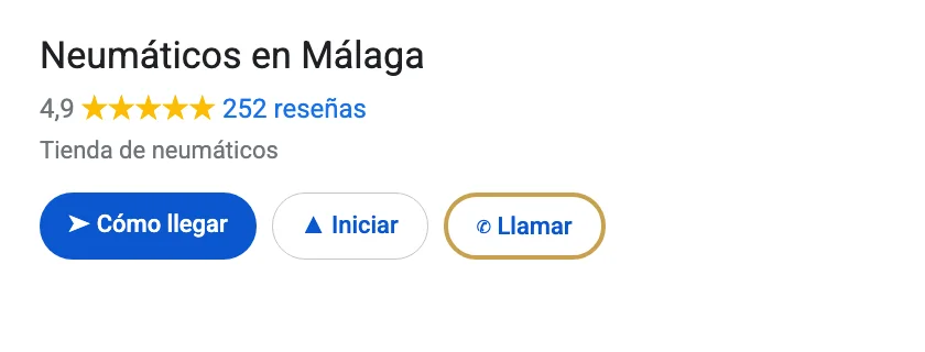 Perfil de Google de Neumáticos en Málaga, taller de Málaga, con el botón Llamar