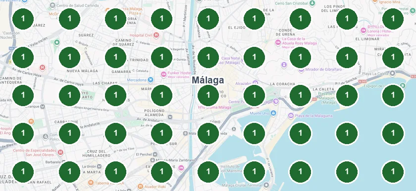 Medición en Google Maps, hecha en Málaga, con el negocio primero en los 81 puntos