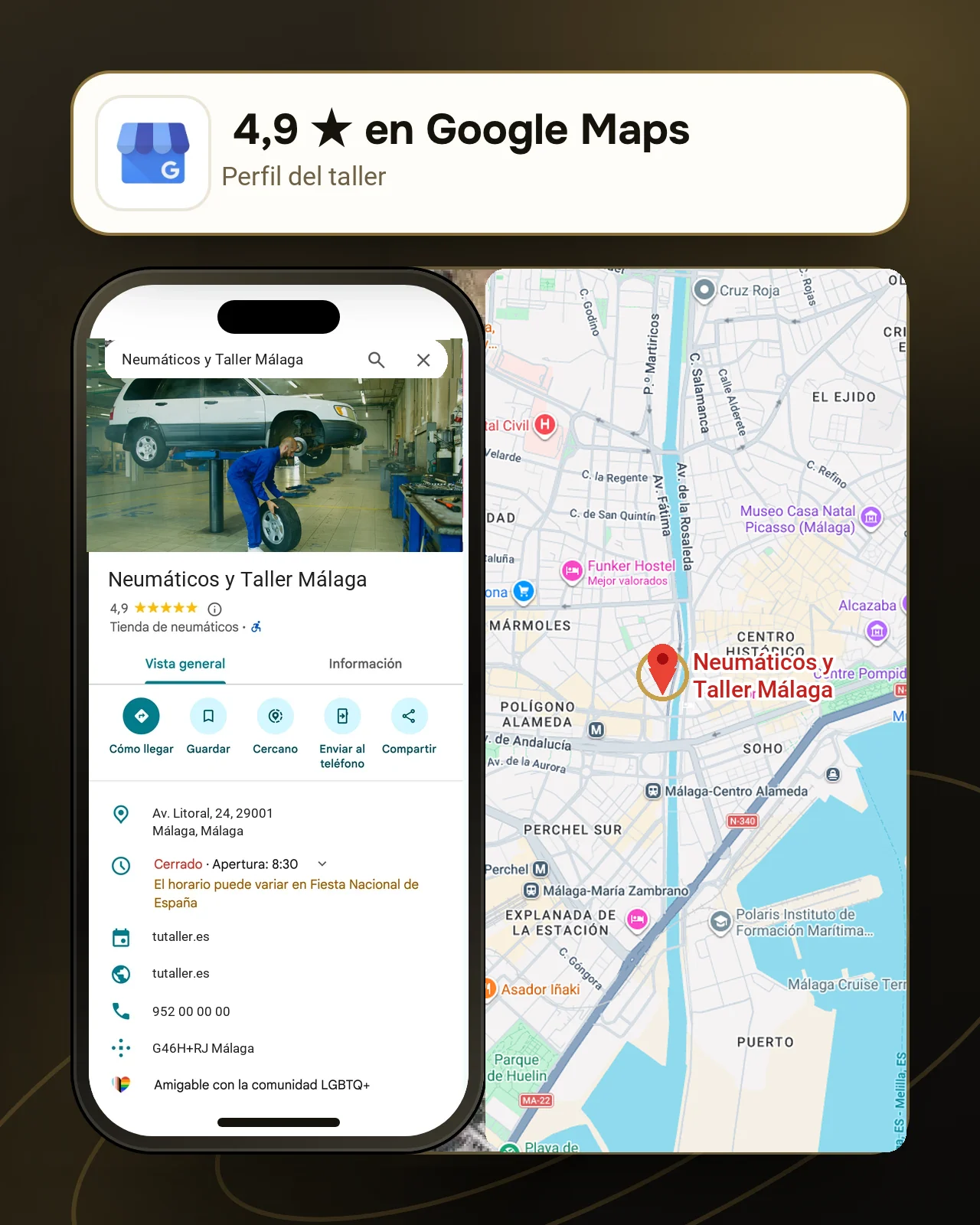 Ficha de Google de un taller de Málaga abierta en un móvil, con 4,9 estrellas y su pin sobre Málaga en satélite