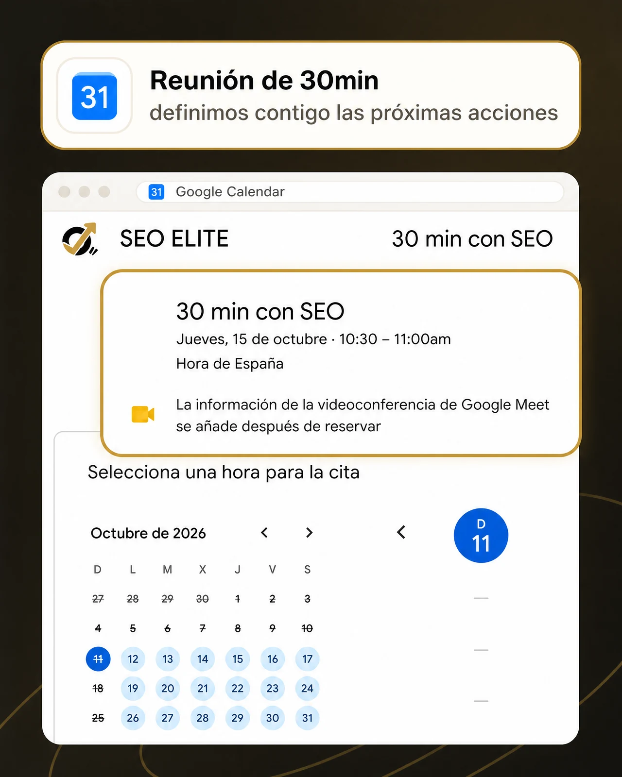 Pantalla de Google Calendar para reservar la reunión de 30min con SEO Elite