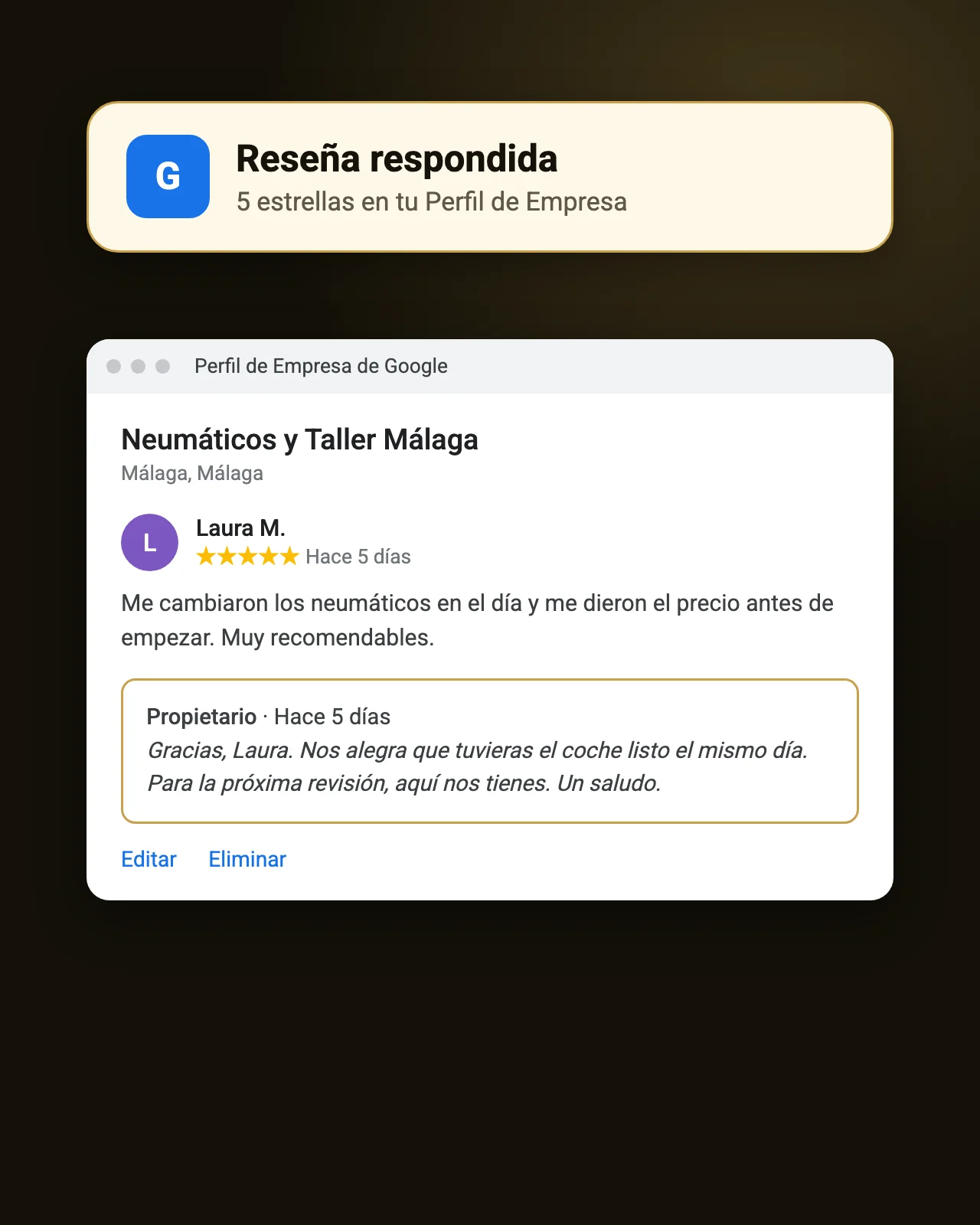 Opinión de cinco estrellas con respuesta de una empresa de control de plagas en su Perfil de Empresa de Google