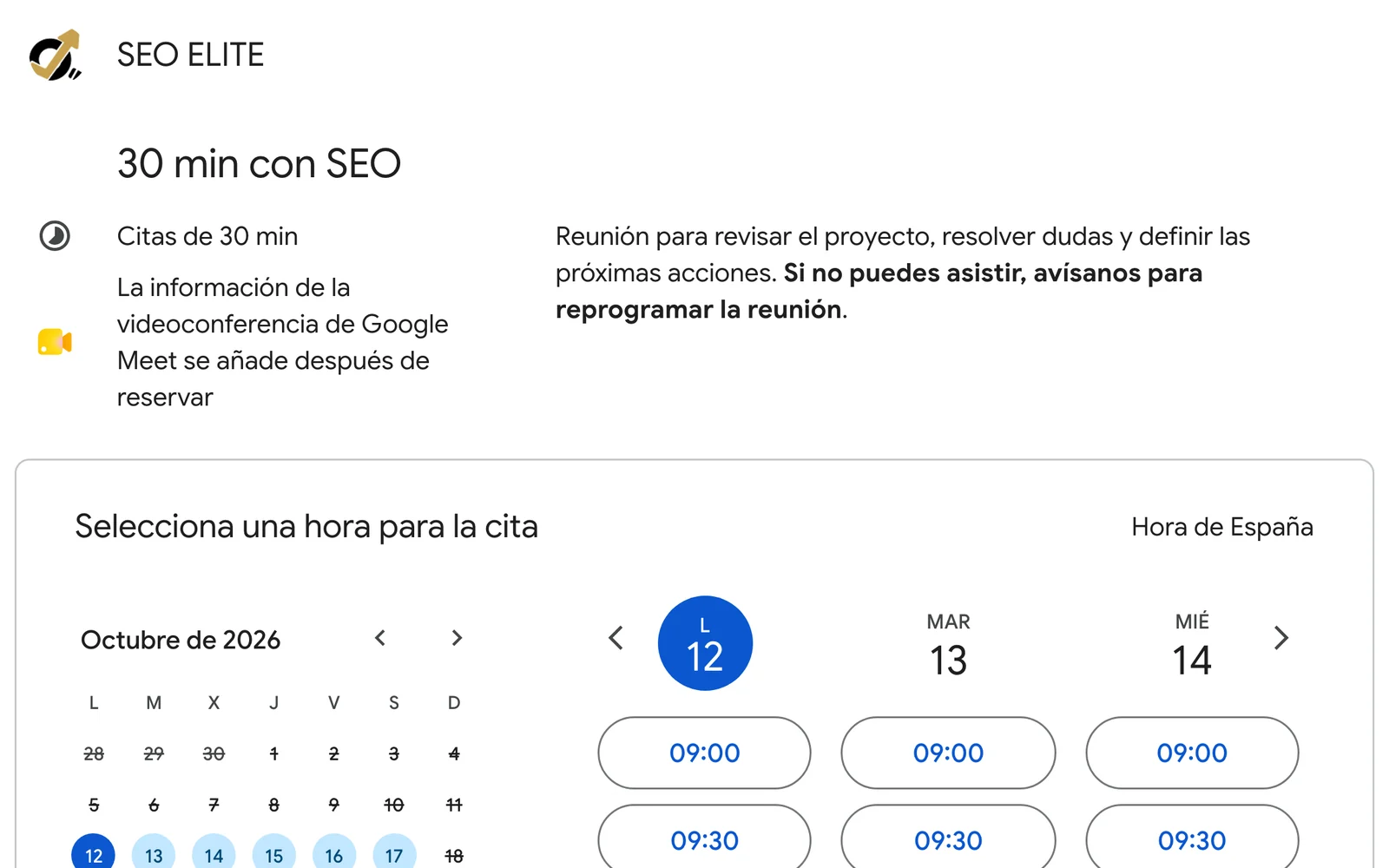 Página real de citas de SEO Elite en Google Calendar para repasar tu proyecto y aclarar dudas